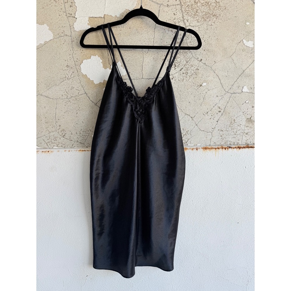 Vtg 90s Slip Dress Satin Chemise Lace Trim Strappy Back Mini Nightgown Large